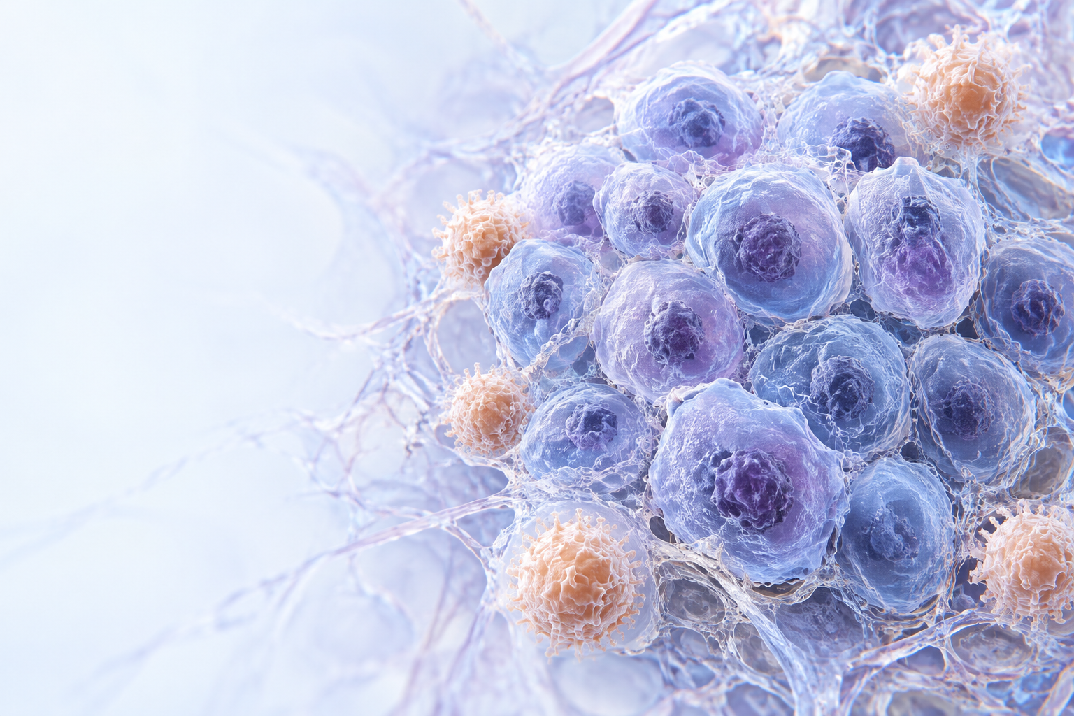 Conceptual illustration of tumor cells, smaller immune cells, and the surrounding tissue environment.